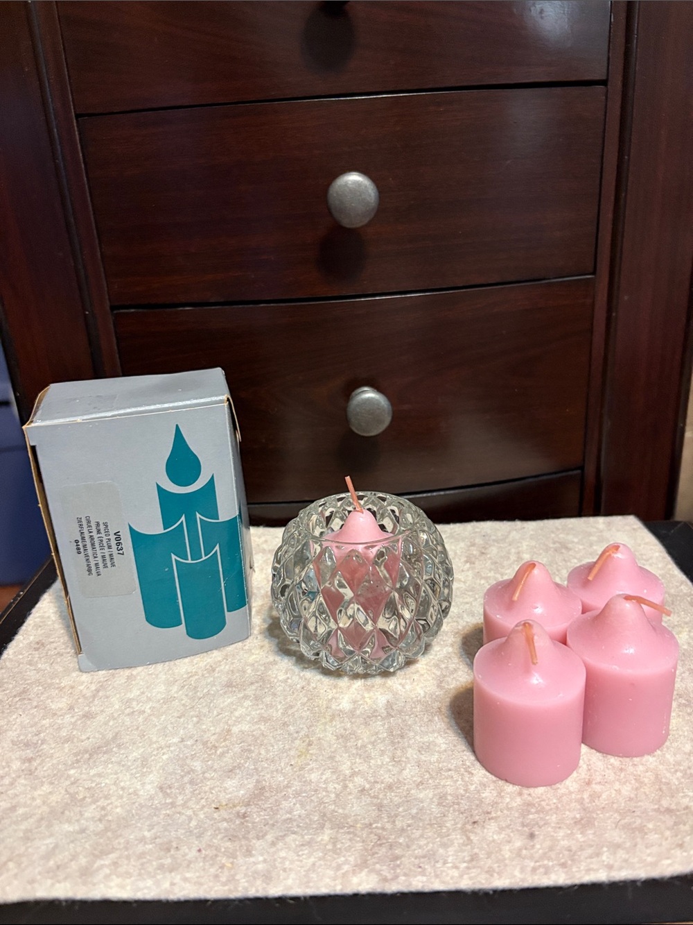 5 Pink Party-Lite Votive Candles with Glass Holder -